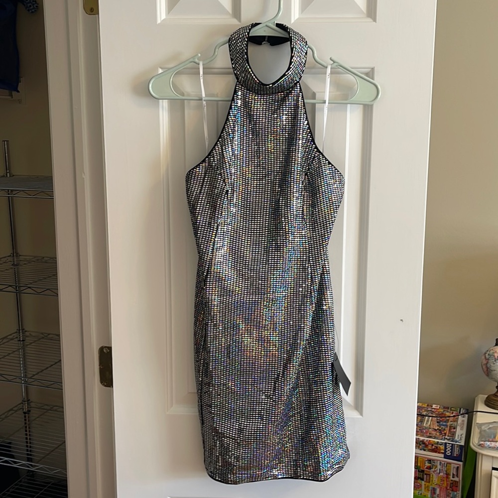 Striking Glow Iridescent Silver Sequin Halter Bodycon Dress